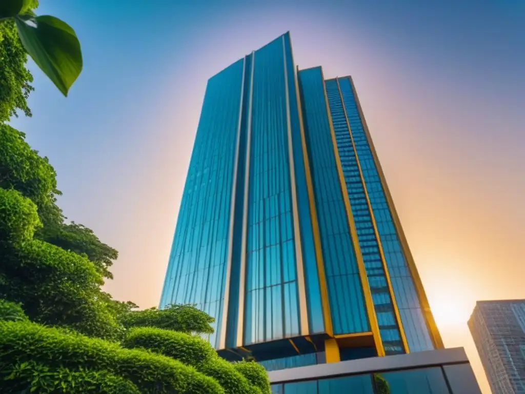 Un rascacielos moderno rodeado de vegetación y una ciudad vibrante al atardecer