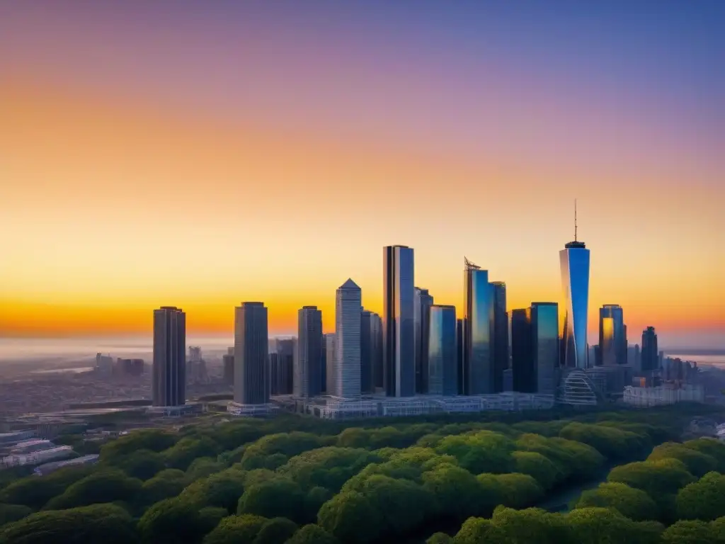 Rascacielos moderno en ciudad vibrante al atardecer Un rascacielos moderno rodeado de una ciudad bulliciosa al atardecer