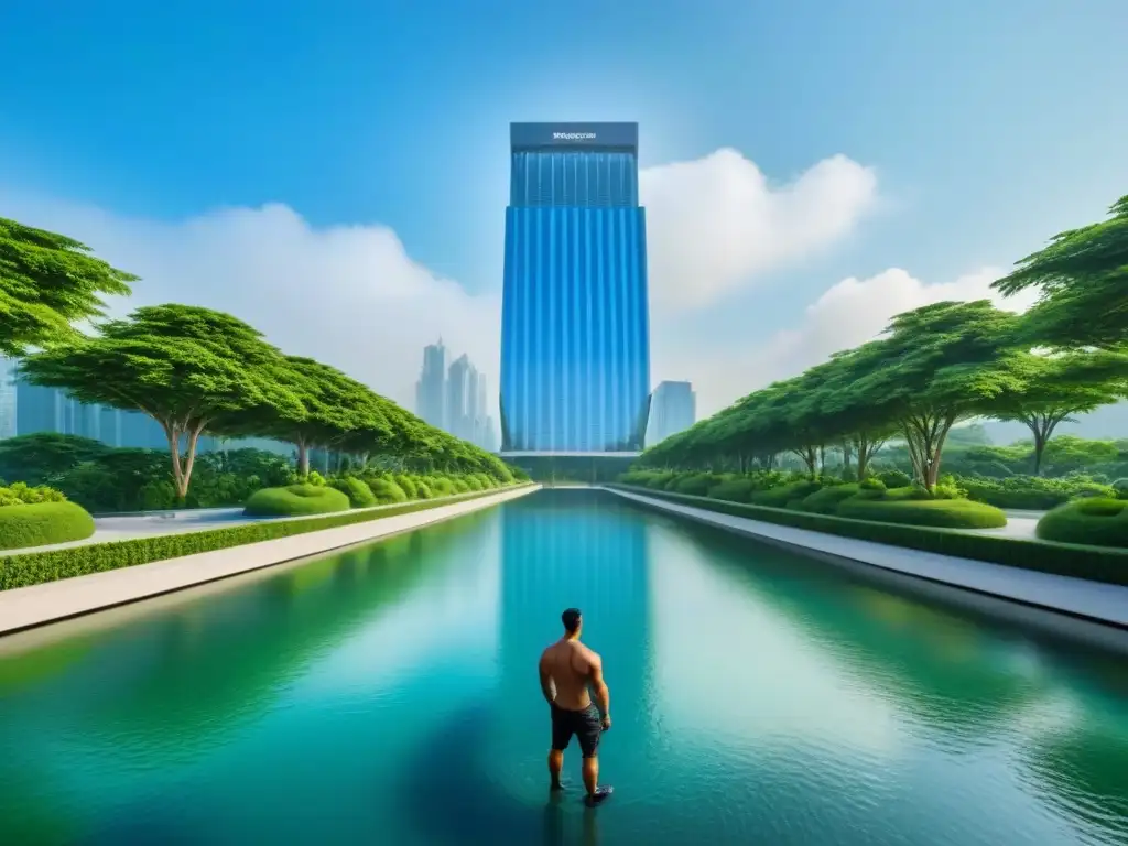 Esplendor urbano: rascacielos moderno en armonía con la naturaleza Rascacielos moderno rodeado de vegetación, reflejando equilibrio entre urbano y natural, ideal para estrategias de salida inversiones inmobiliarias