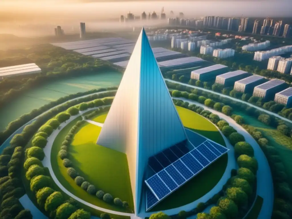 Rascacielos sostenible en metrópoli internacional: inversión ética Un rascacielos moderno rodeado de espacios verdes y paneles solares, simbolizando la inversión inmobiliaria ética internacional