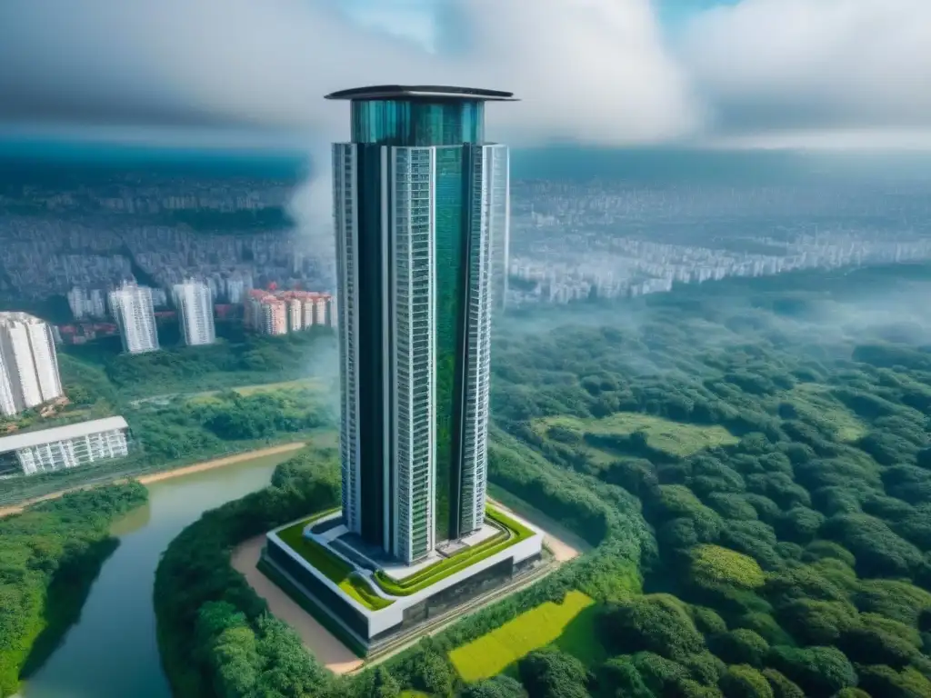 Rascacielos ecoamigable: ética en inversión inmobiliaria Un rascacielos moderno rodeado de vegetación, simbolizando la ética en inversión inmobiliaria internacional