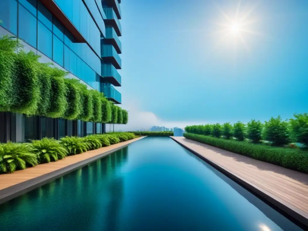 Edificio de lujo en entorno natural: diseño vanguardista en 8k Un rascacielos moderno rodeado de vegetación exuberante y agua, reflejando innovación y lujo en el mercado inmobiliario internacional
