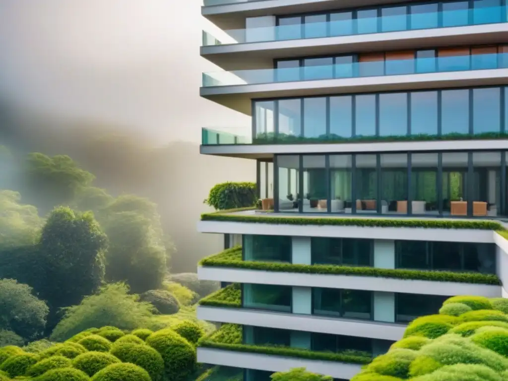 Rascacielos de éxito: inversión inmobiliaria internacional Rascacielos moderno rodeado de vegetación exuberante, reflejando el éxito del crowdfunding inmobiliario internacional análisis