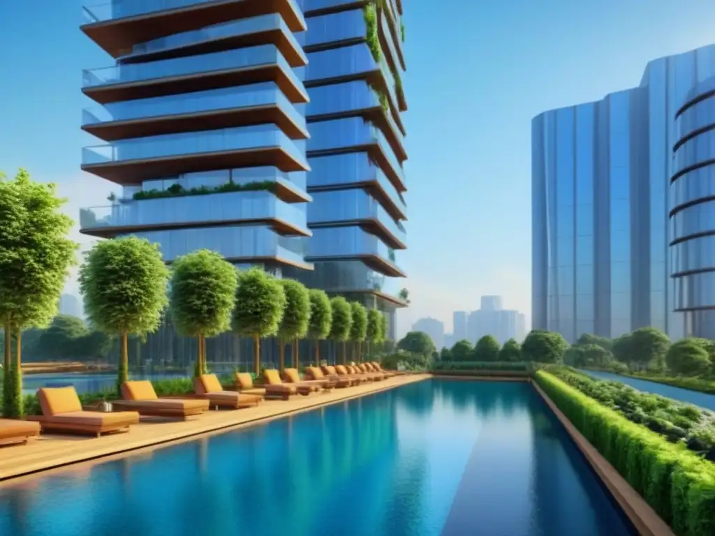 Rascacielos ecofriendly en armonía con la naturaleza Un rascacielos moderno rodeado de exuberante vegetación, con paneles solares y diseño ecoamigable