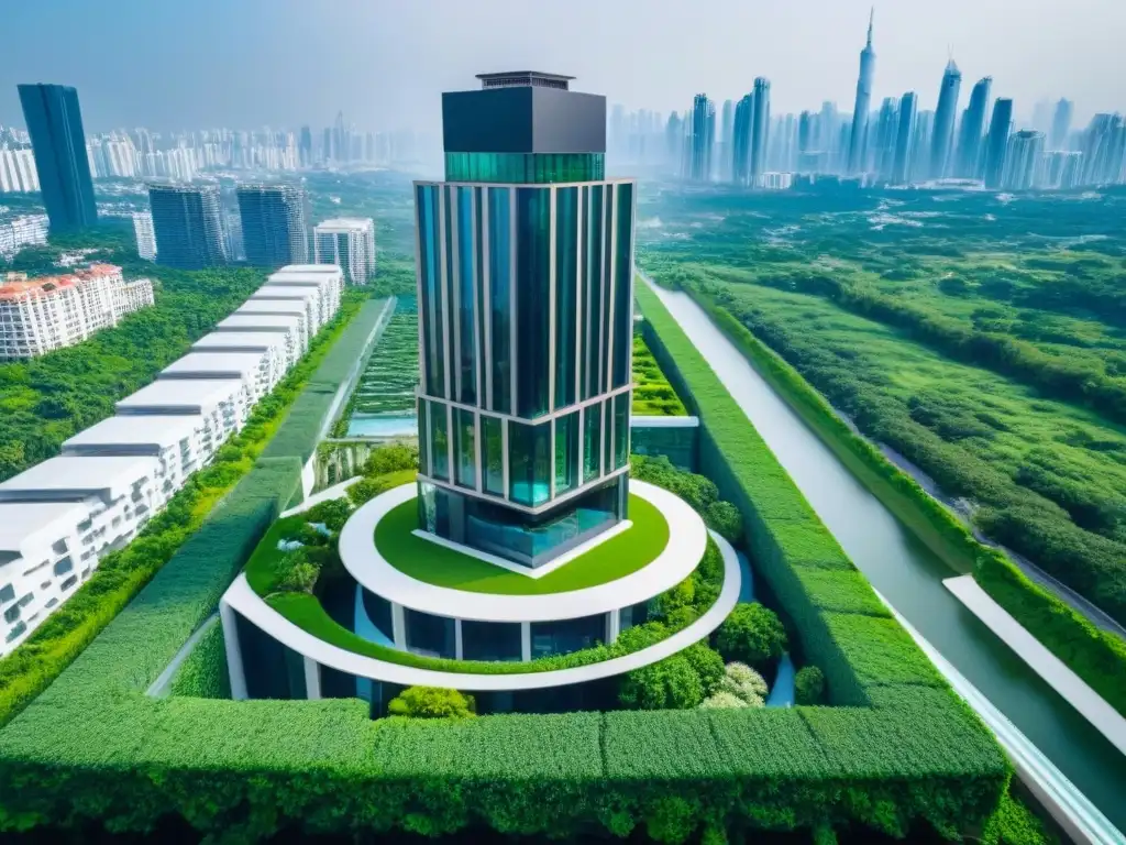 Esplendor urbano: Rascacielos de lujo en ciudad internacional Un rascacielos moderno rodeado de vegetación exuberante, simbolizando lujo inmobiliario en una ciudad internacional