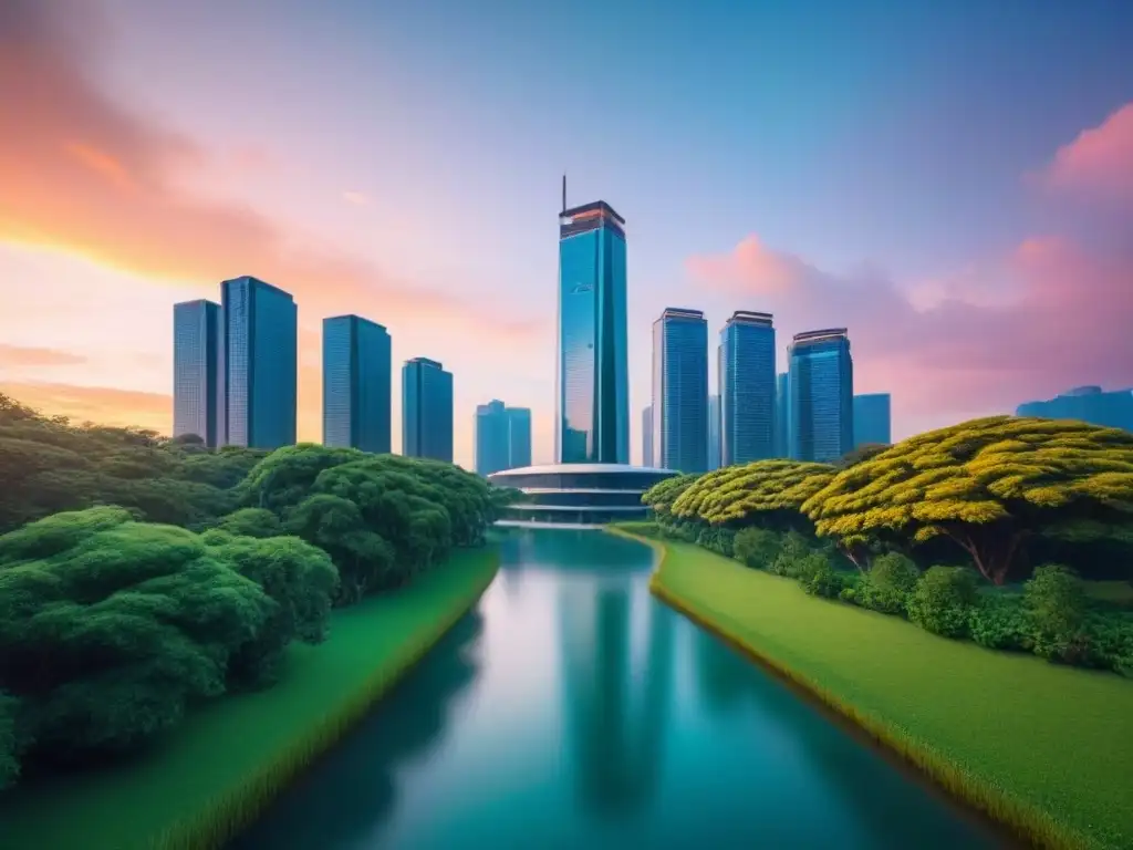 Rascacielos de lujo en armonía con la naturaleza al atardecer Un rascacielos moderno rodeado de vegetación exuberante, reflejándose en un lago cristalino bajo un cielo de atardecer vibrante