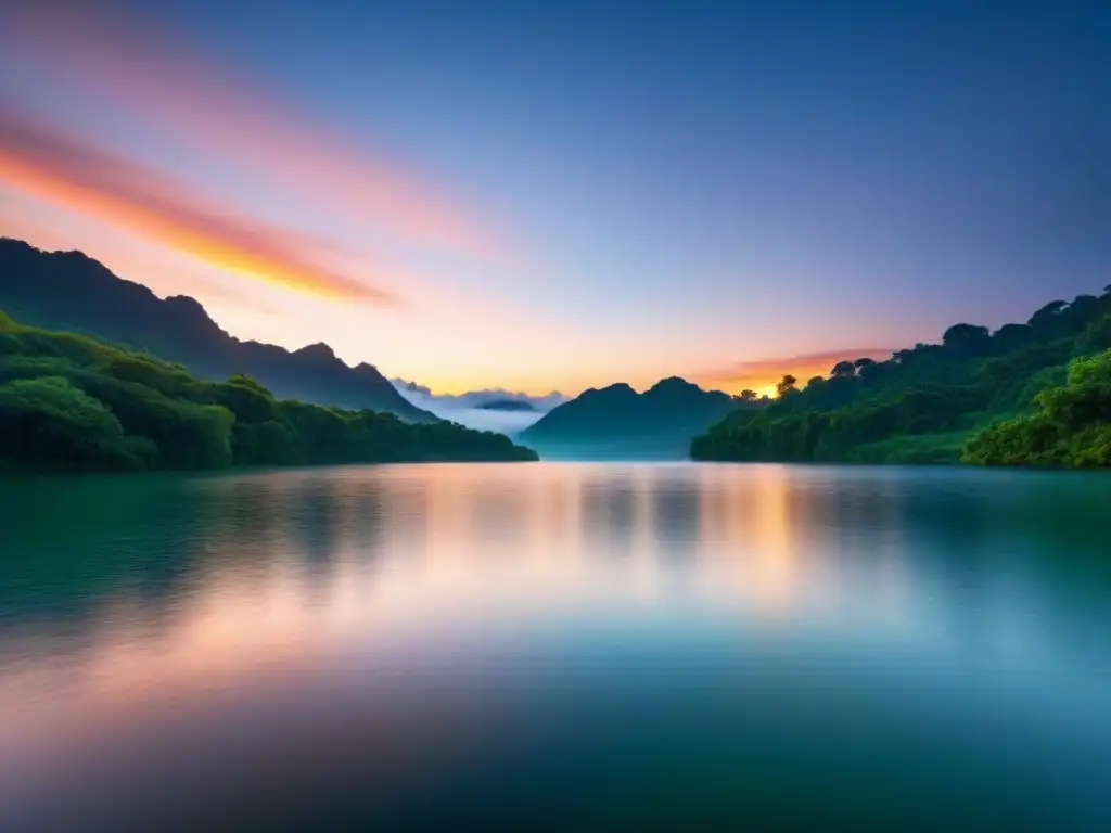 Rascacielos de lujo entre naturaleza en lago al atardecer Un rascacielos moderno rodeado de exuberante vegetación, reflejado en un lago cristalino con un vibrante atardecer al fondo, simbolizando estabilidad y crecimiento en el mercado inmobiliario para las mejores oportunidades de inversión