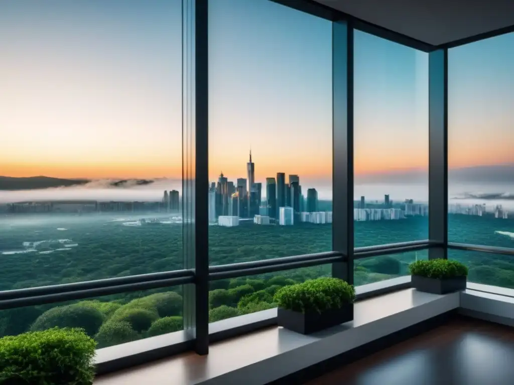 Edificio de lujo en entorno verde con vista urbana impresionante Un rascacielos moderno rodeado de exuberante vegetación, con amplios ventanales que muestran una vista impresionante de la ciudad