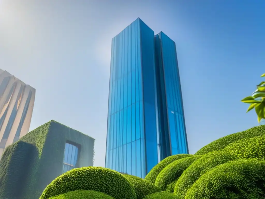 Rascacielos de lujo en entorno verde: éxito en inversión inmobiliaria Un rascacielos moderno rodeado de exuberante vegetación, reflejando en una fachada de vidrio impecable
