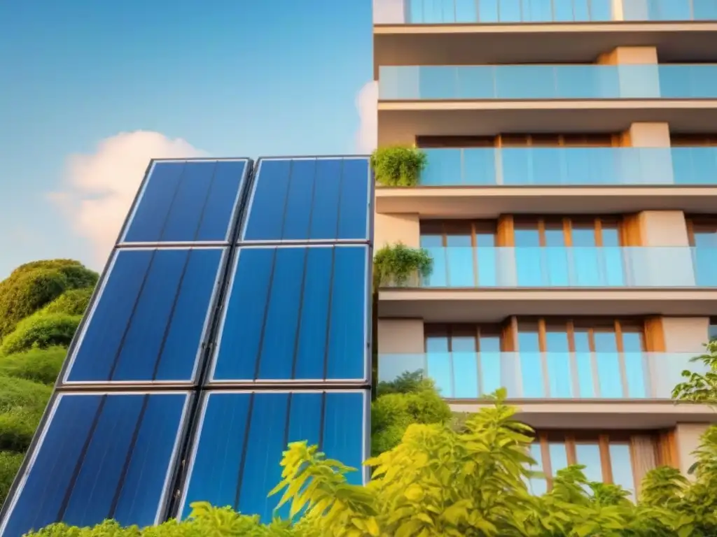 Rascacielos eco-friendly: lujo y sostenibilidad urbana Un rascacielos moderno rodeado de vegetación exuberante, con paneles solares brillando bajo un cielo azul