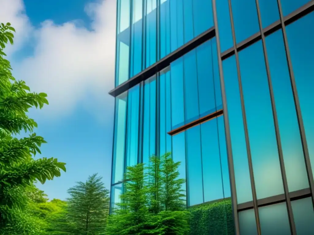 Rascacielos moderno rodeado de exuberante vegetación bajo cielo azul Un rascacielos moderno rodeado de exuberante vegetación, reflejándose en una fachada de cristal bajo un cielo azul