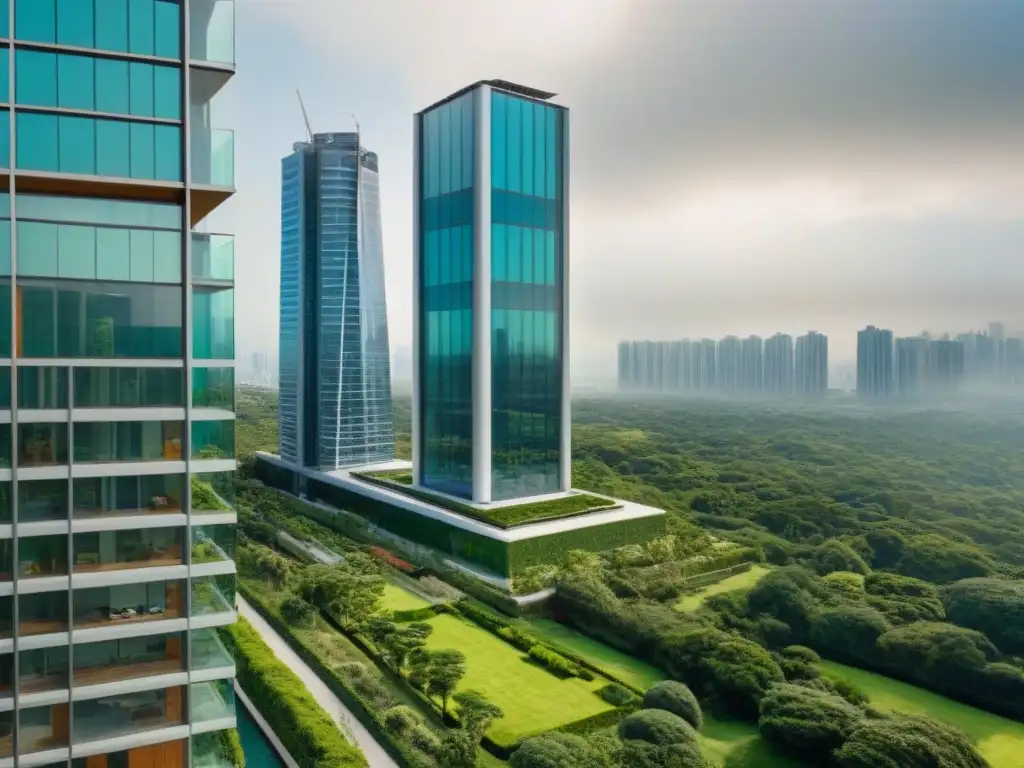 Esplendor urbano: rascacielos moderno en armonía con la naturaleza Un rascacielos moderno rodeado de exuberante vegetación, reflejando la armonía entre sofisticación urbana y belleza natural