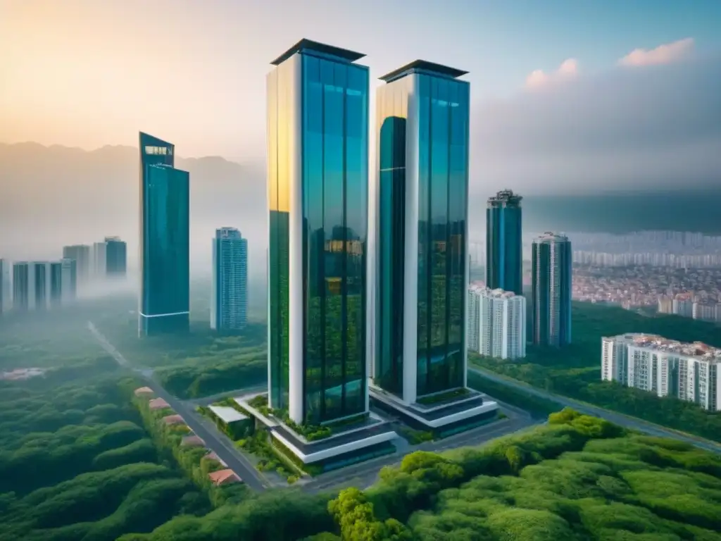 Edificio de lujo y modernidad: arquitectura innovadora en entorno urbano Un rascacielos moderno rodeado de vegetación, con una fachada de vidrio reflectante que juega con la luz del sol