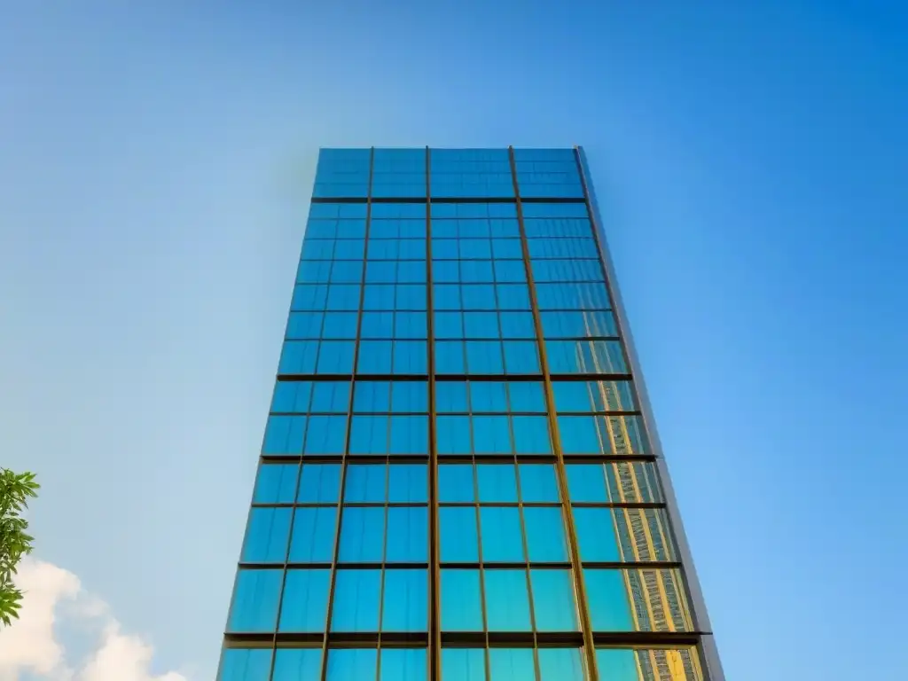 Rascacielos moderno rodeado de vegetación, con fachadas de vidrio reflejando la ciudad