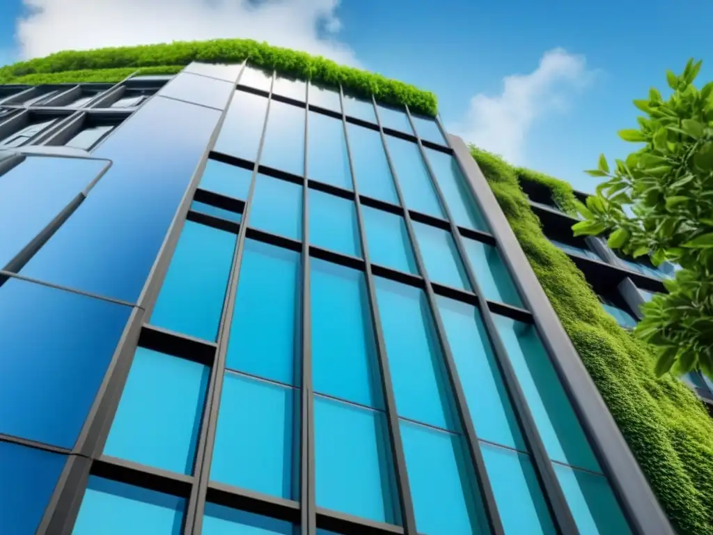 Rascacielos moderno en armonía con la naturaleza: imagen en 8k Un rascacielos moderno rodeado de vegetación, reflejando armonía entre inversión inmobiliaria y protección ambiental