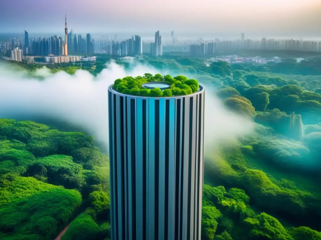 Edificio moderno rodeado de verdor: éxito en mercado inmobiliario global Un rascacielos moderno rodeado de vegetación, reflejando luz solar y simbolizando la construcción de confianza en una marca inmobiliaria global