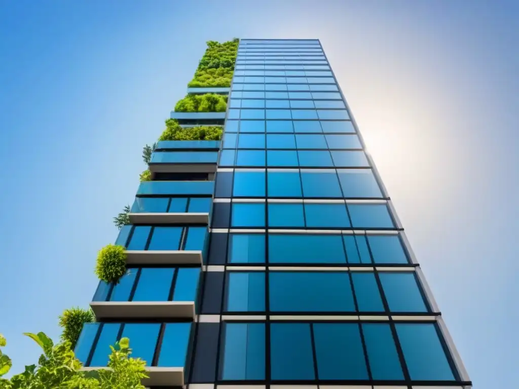 Edificio de lujo y sostenibilidad: innovación en arquitectura moderna Un rascacielos moderno rodeado de vegetación, paneles solares brillando bajo el sol