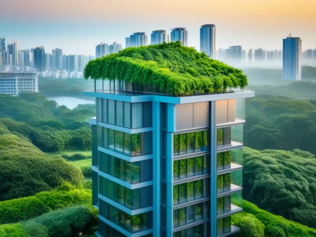 Rascacielos moderno y sostenible en entorno urbano verde Un rascacielos moderno rodeado de vegetación, con paneles solares en el techo y grandes ventanas que reflejan un cielo azul