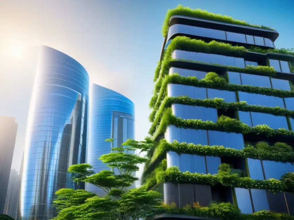 Edificio sostenible: arquitectura innovadora en armonía con la naturaleza Un rascacielos moderno rodeado de vegetación, con paneles solares brillando bajo el sol