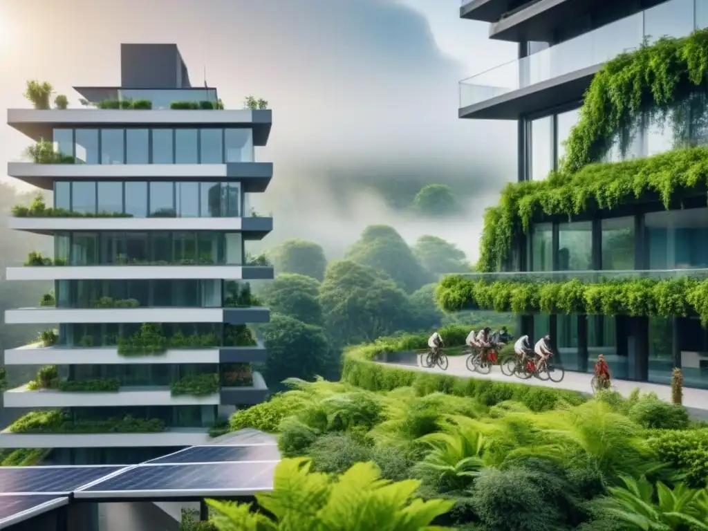 Edificio sostenible rodeado de naturaleza en ciudad vibrante Un rascacielos moderno rodeado de vegetación, con paneles solares en el techo