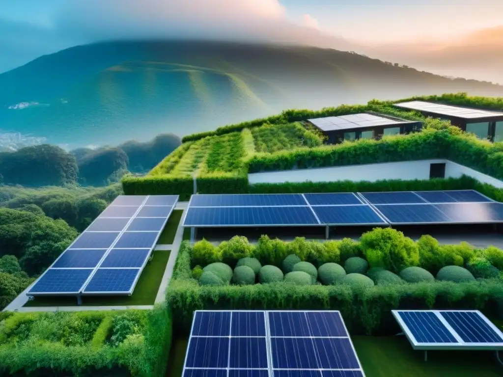 Edificio ecológico: arquitectura sostenible en armonía con la naturaleza Un rascacielos moderno rodeado de vegetación y paneles solares, con un diseño ecoamigable