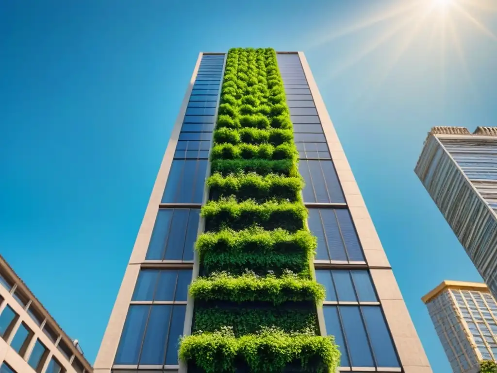 Rascacielos sostenible en entorno verde Un rascacielos moderno rodeado de vegetación, paneles solares y jardín vertical