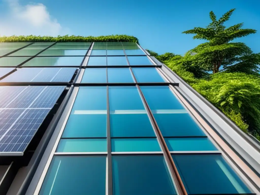 Rascacielos verde: eficiencia energética en la inversión inmobiliaria Rascacielos moderno rodeado de vegetación, paneles solares en el techo y cielo azul