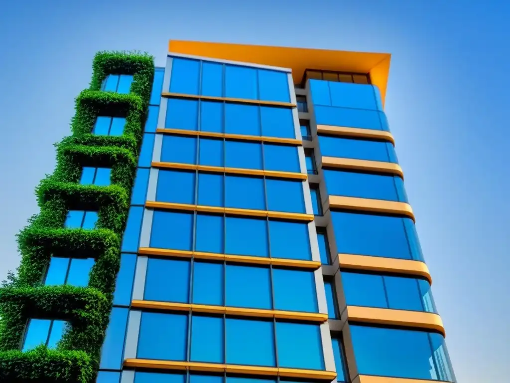 Edificio de vanguardia rodeado de vegetación exuberante en entorno urbano Un rascacielos moderno rodeado de vegetación, con paredes de vidrio reflejando el cielo azul