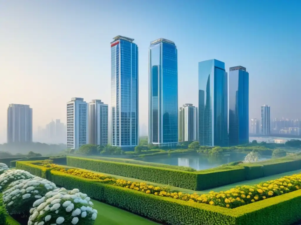 Rascacielos de lujo en oasis urbano | Inversión inmobiliaria Un rascacielos moderno rodeado de parques verdes y una bulliciosa ciudad al fondo