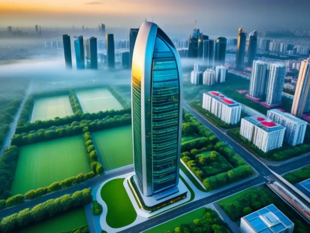 Rascacielos futurista rodeado de naturaleza y modernidad Un rascacielos moderno rodeado de parques verdes y calles concurridas, simbolizando rentabilidad en mercado inmobiliario internacional