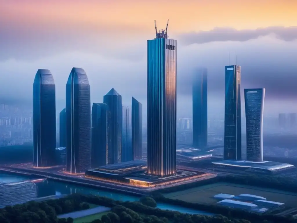 Rascacielos de lujo en ciudad 5G futurista Un rascacielos moderno rodeado de torres 5G futuristas en una ciudad tecnológica