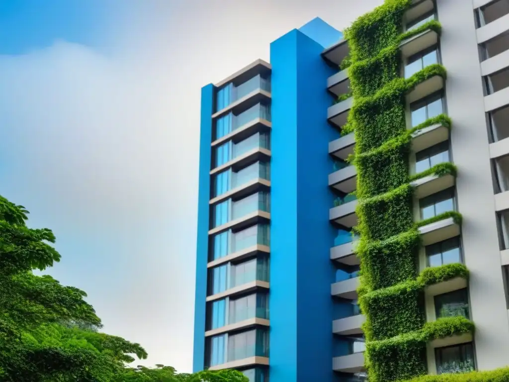 Edificio moderno entre vegetación, armonía urbana y natural Un rascacielos moderno rodeado de vegetación, fusionando urbanismo y naturaleza