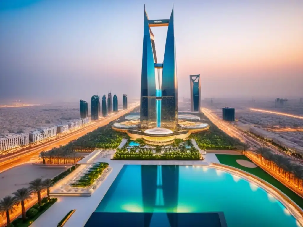 Rascacielos de lujo en Riad: arquitectura moderna Rascacielos moderno en Riyadh, Arabia Saudita, rodeado de lujo y naturaleza, ideal para inversionistas globales en mercado inmobiliario