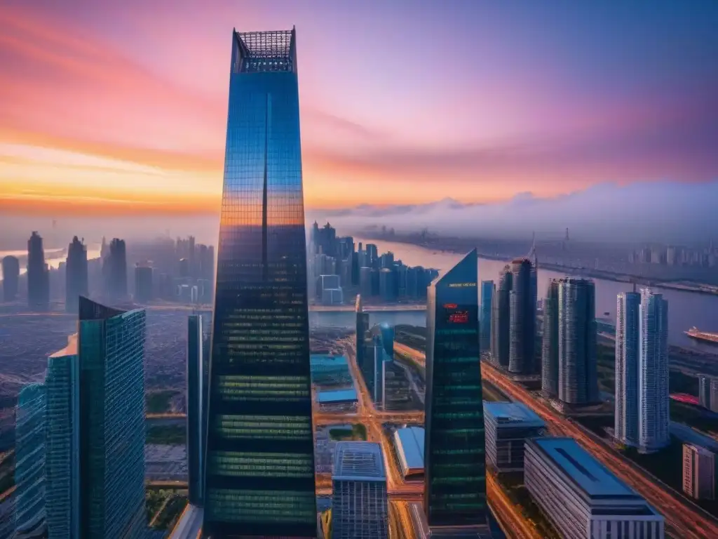 Edificio futurista en ciudad extranjera: innovación y diversidad urbana Un rascacielos moderno y sorprendente en una ciudad extranjera bulliciosa, reflejando colores vibrantes del atardecer