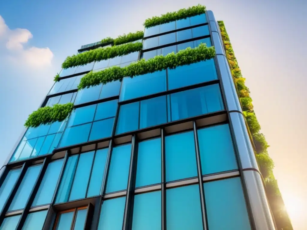 Rascacielos sostenible: diseño ecofriendly en 8k Rascacielos moderno y sostenible con certificaciones LEED BREEAM, integrando vegetación y paneles solares, bajo cielo azul