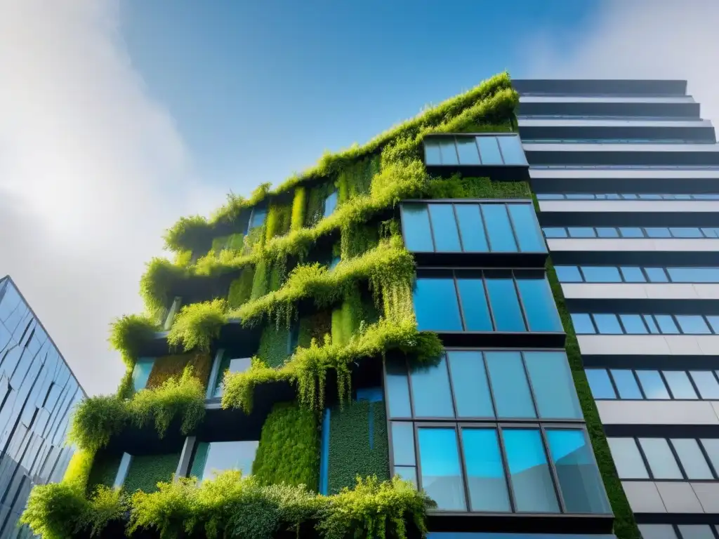 Rascacielos sostenible con muro verde Un rascacielos moderno y sostenible con muro verde y áreas verdes, reflejando armonía entre naturaleza y arquitectura