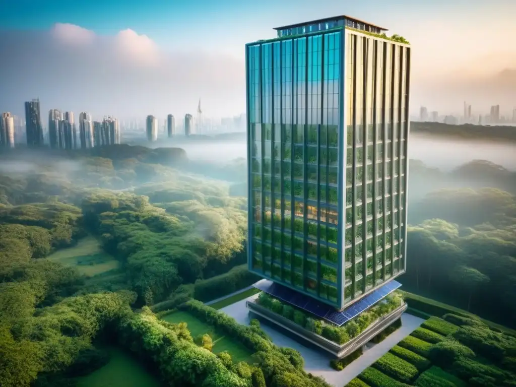 Un rascacielos moderno y sostenible, rodeado de vegetación exuberante y paneles solares brillantes bajo el sol