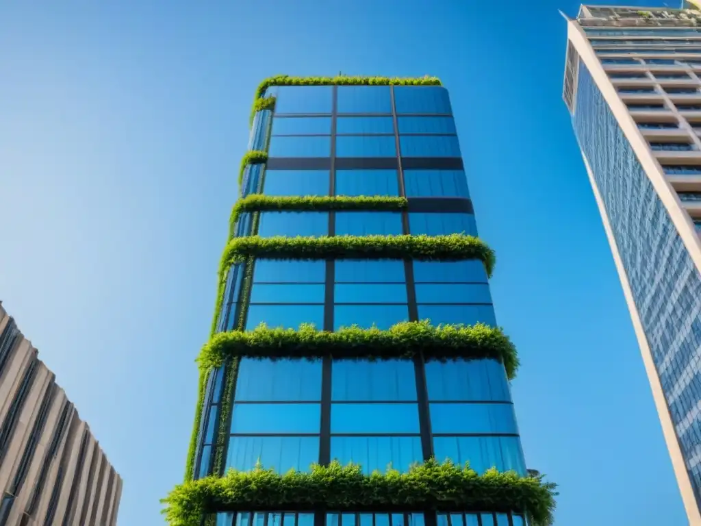 Rascacielos sostenible: armonía entre naturaleza y arquitectura urbana Rascacielos moderno y sostenible con vegetación integrada, reflejando la importancia normativas ambientales en propiedades globales
