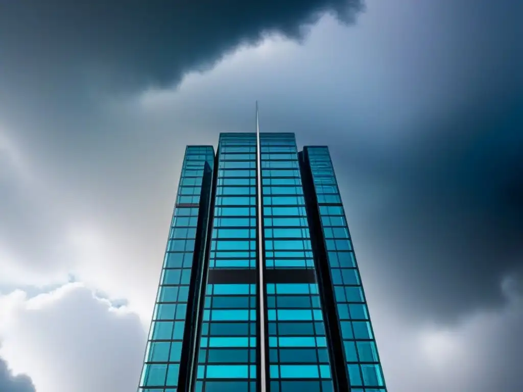 Rascacielos moderno en tormenta: refugio seguro en crisis económicas Un rascacielos moderno desafiando tormentas, representando los beneficios de la inversión inmobiliaria en crisis