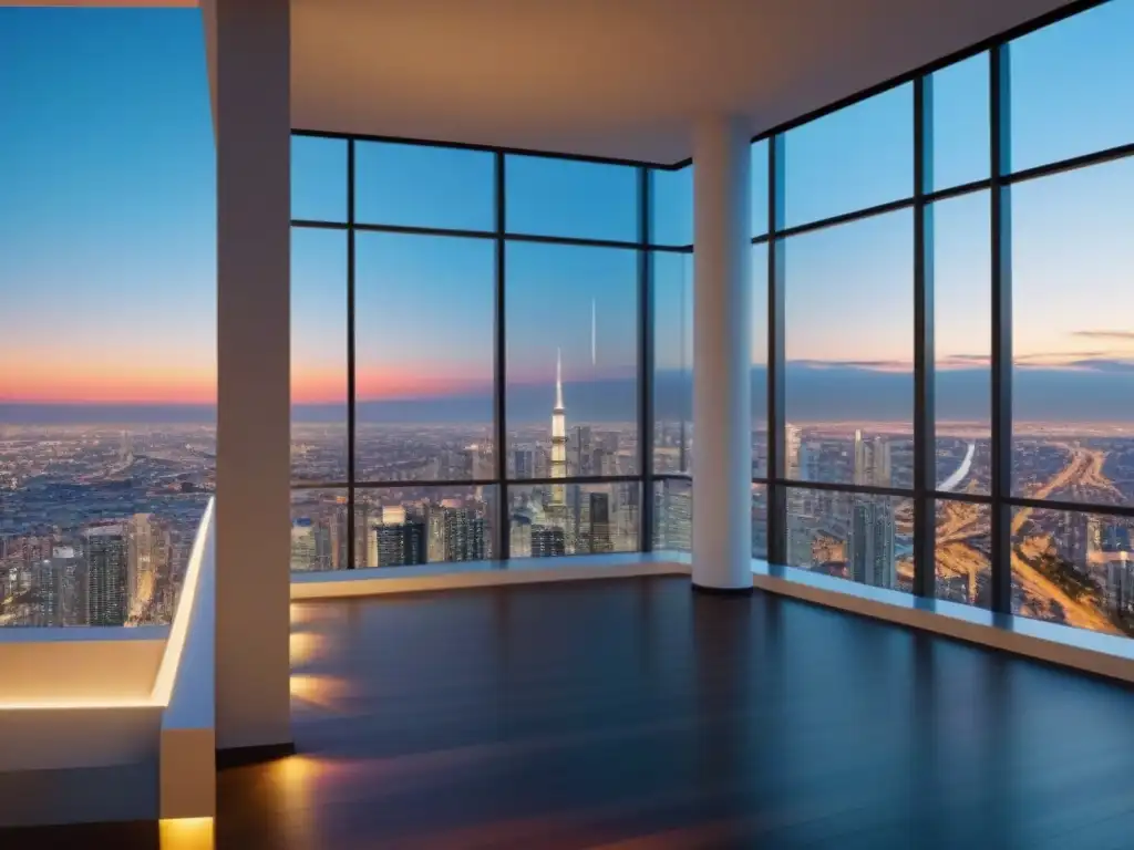 Edificio de cristal en ciudad vibrante al atardecer Un rascacielos moderno con ventanales de cristal reflejando la ciudad al atardecer