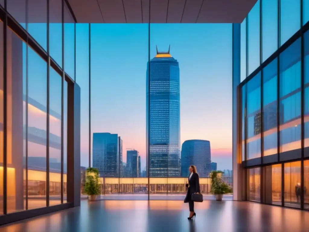 Rascacielos moderno en ciudad vibrante al atardecer Un rascacielos moderno con ventanales y reflejos de la ciudad al anochecer