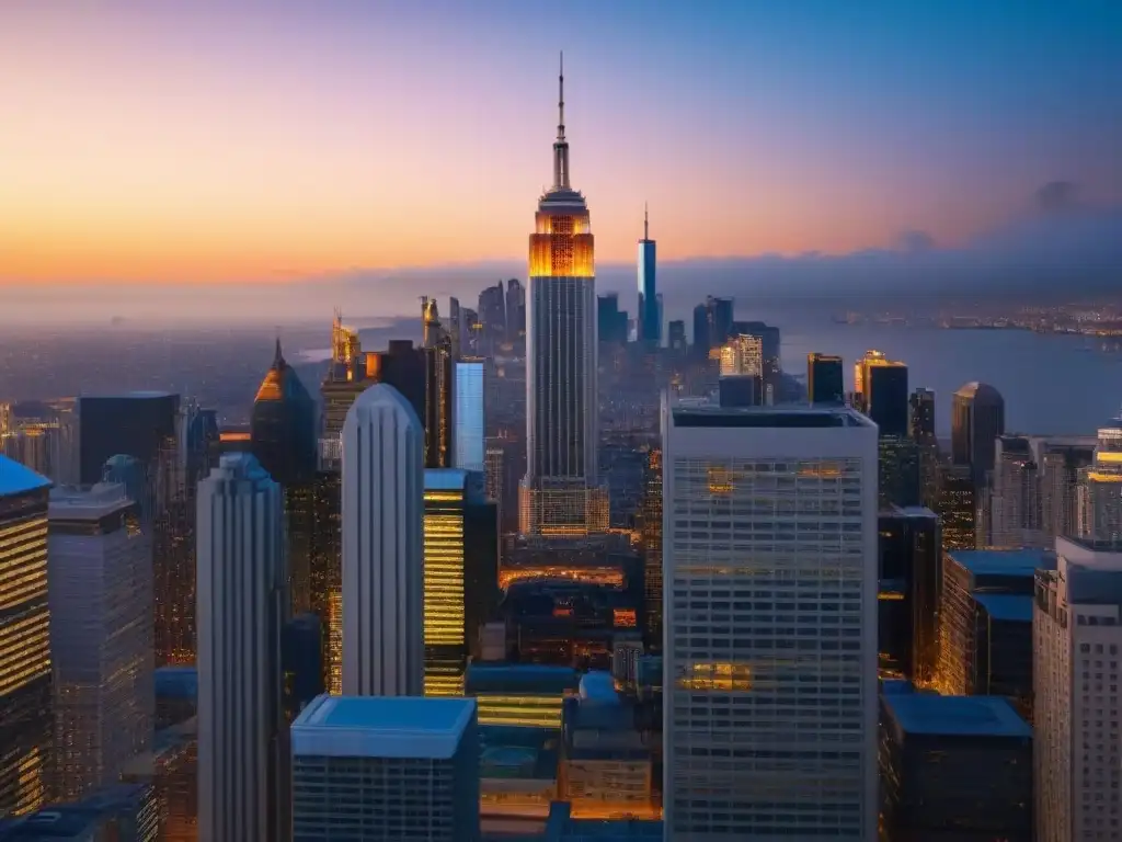 Inversión inmobiliaria global: rascacielos moderno en metrópolis vibrante Un rascacielos moderno con ventanas de piso a techo reflejando un paisaje urbano vibrante al anochecer, simbolizando inversiones globales en crowdfunding inmobiliario