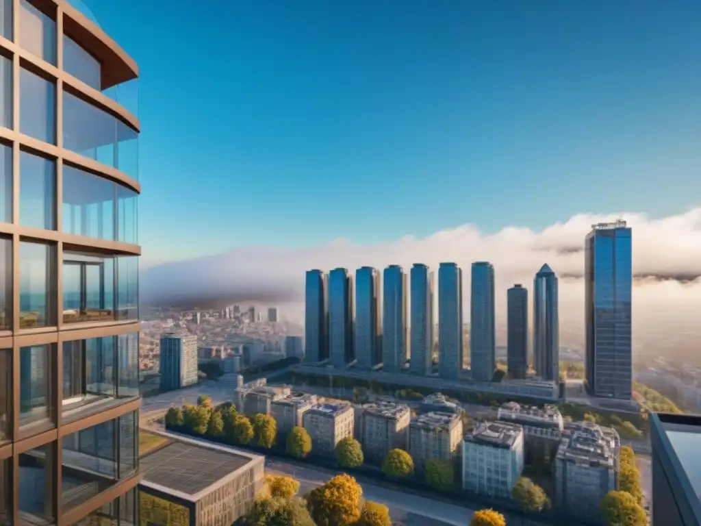 Edificio moderno: reflejos urbanos en alto contraste Un rascacielos moderno con ventanas de piso a techo reflejando la ciudad, bajo un cielo azul