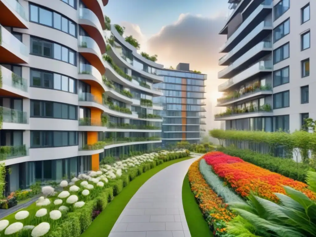 Edificio residencial de lujo con paneles solares y naturaleza exuberante Un rascacielos residencial moderno rodeado de vegetación, con paneles solares brillando en el techo bajo el sol