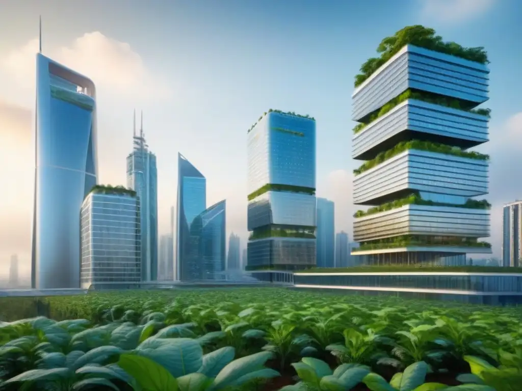 Rascacielos sostenible: la armonía entre naturaleza y modernidad Un rascacielos sostenible destaca en una ciudad bulliciosa