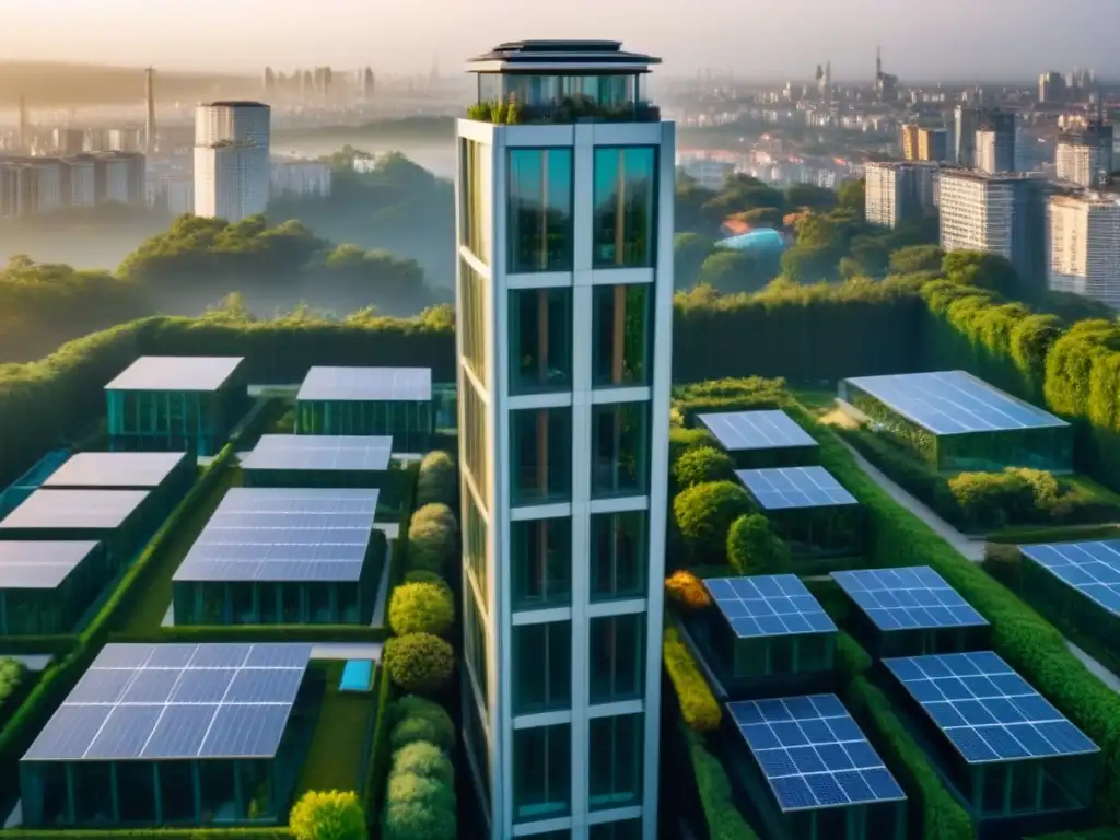 Edificio sostenible: innovación y eficiencia energética en la ciudad Rascacielos sostenible con diseño energético eficiente, paneles solares, vegetación y tecnología en ciudad