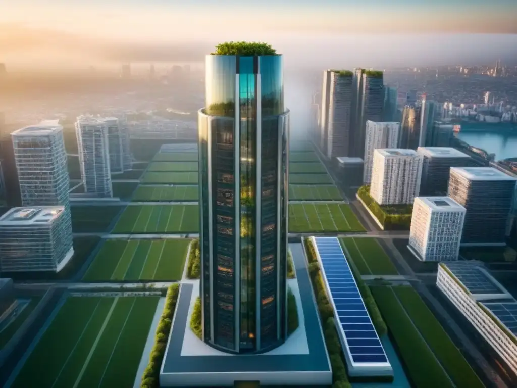 Rascacielos sostenible: diseño innovador en ciudad internacional Rascacielos sostenible con eficiencia energética en ciudad internacional, simbolizando progreso en mercado inmobiliario