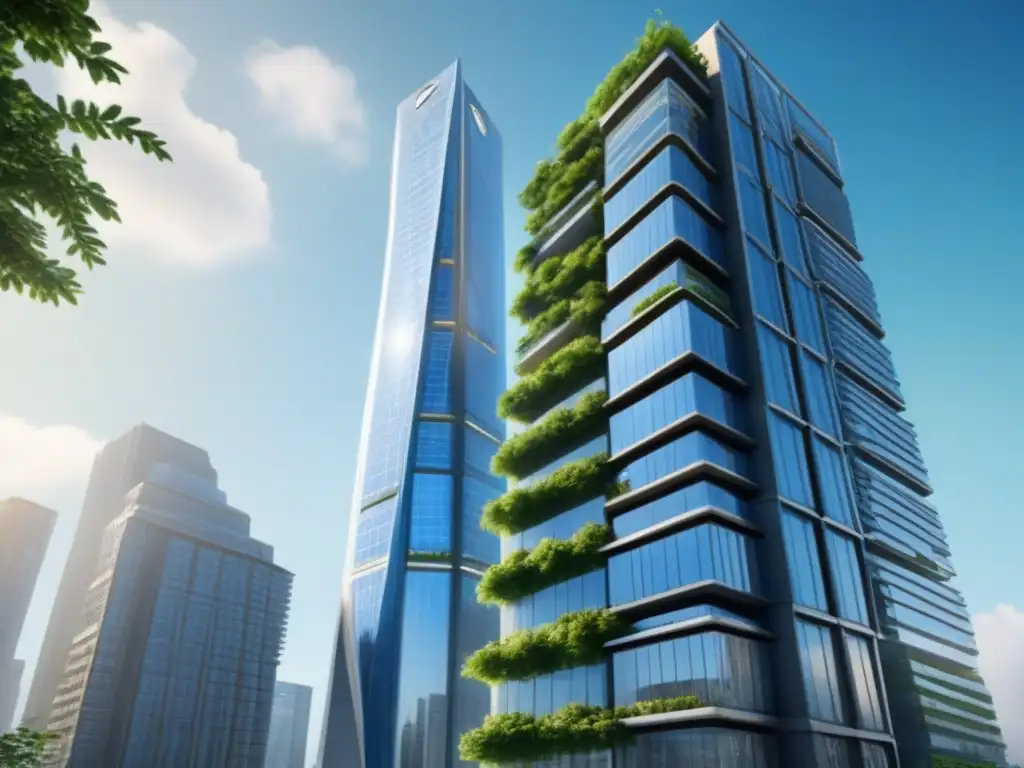 Rascacielos sostenible del futuro en ciudad norteamericana Un rascacielos sostenible futurista en una ciudad norteamericana, con tecnologías verdes y profesionales