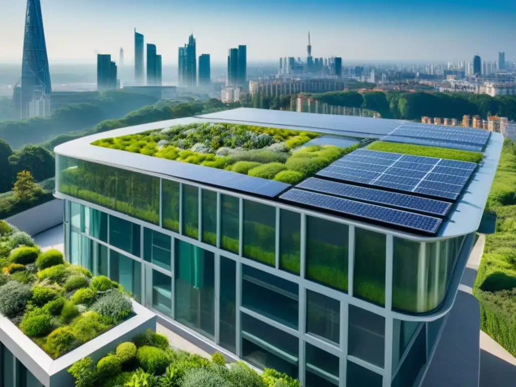 Un rascacielos sostenible con jardines verticales y paneles solares, integrado en la ciudad