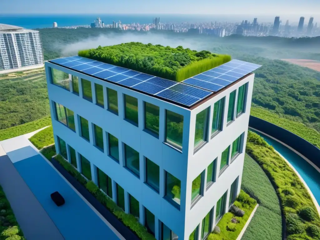 Rascacielos sostenible: la fusión perfecta entre naturaleza y tecnología Un rascacielos sostenible rodeado de naturaleza, con paneles solares y un diseño innovador
